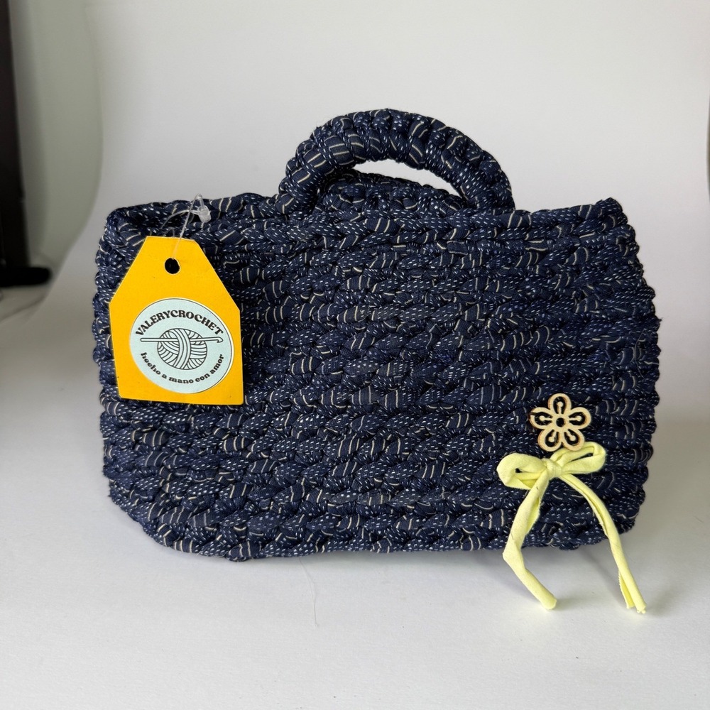 Valery Crochet Navy Blue Pinstripe Handmade Top Handle Bag Flower Accent